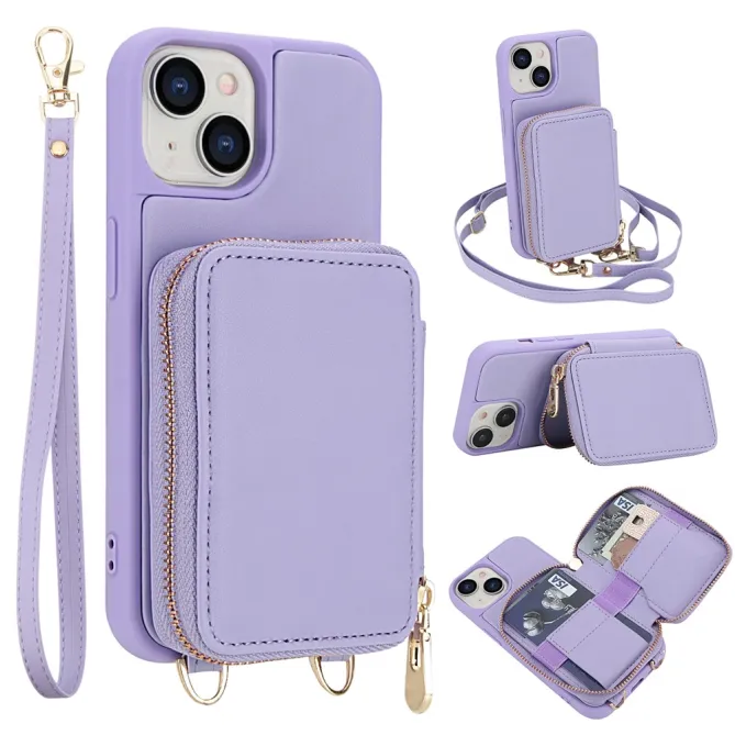 Coque iPhone 15 Portefeuille Zippé avec Bandoulière