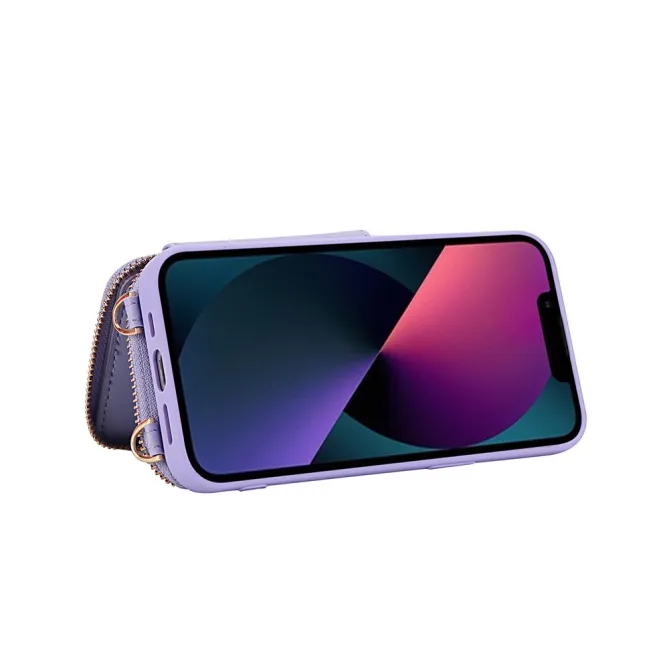 Coque iPhone 15 Portefeuille Zippé avec Bandoulière