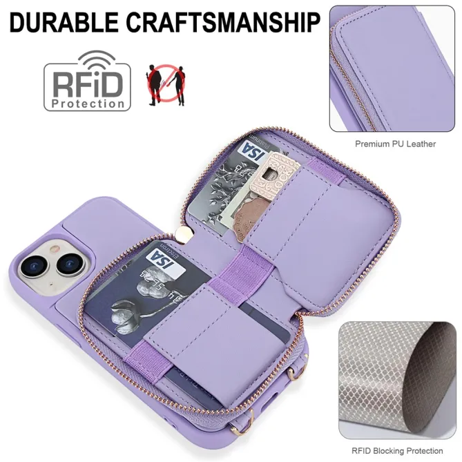 Coque iPhone 15 Portefeuille Zippé avec Bandoulière