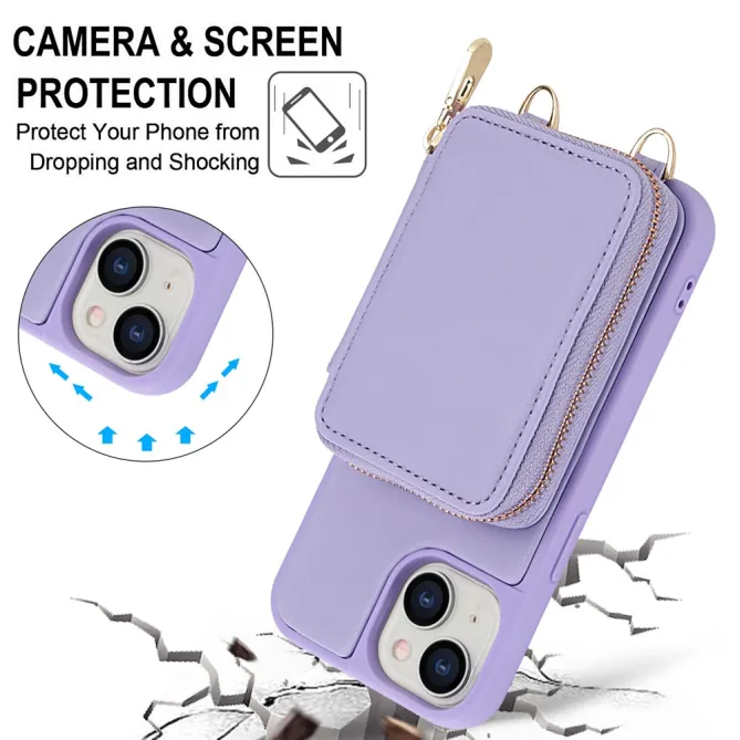 Coque iPhone 15 Portefeuille Zippé avec Bandoulière