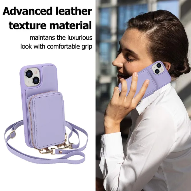 Coque iPhone 15 Portefeuille Zippé avec Bandoulière