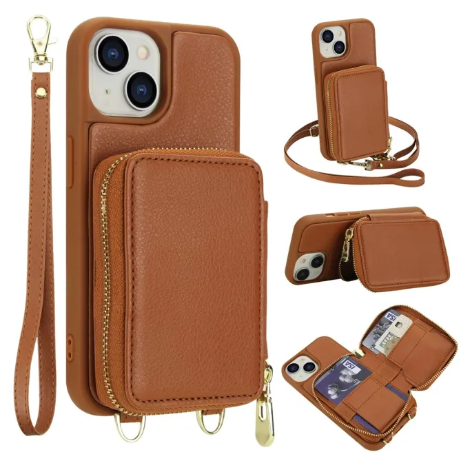 Coque iPhone 15 Portefeuille Zippé avec Bandoulière