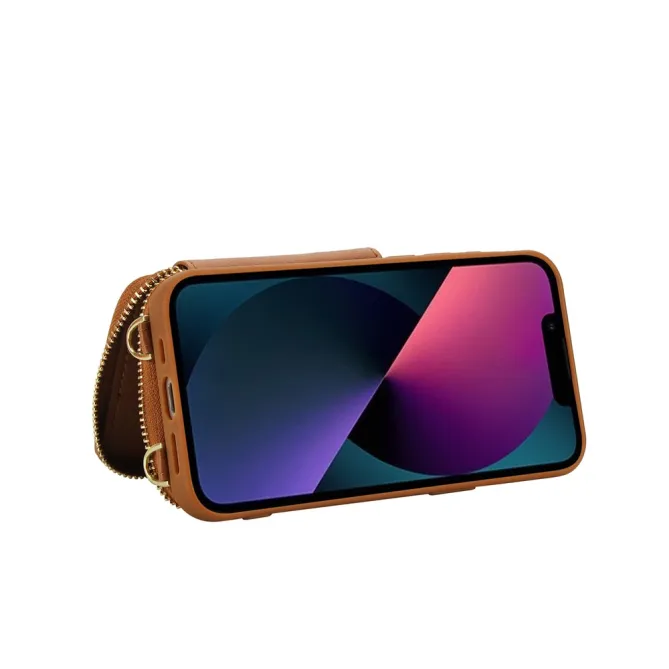 Coque iPhone 15 Portefeuille Zippé avec Bandoulière