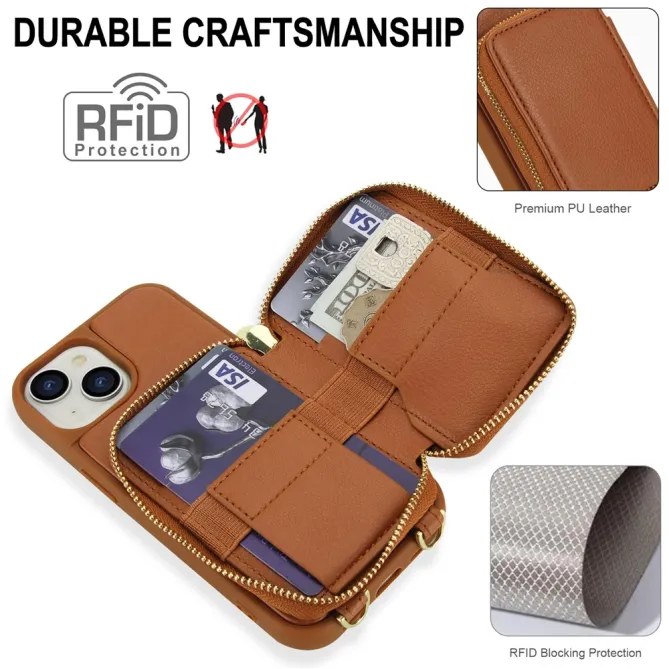 Coque iPhone 15 Portefeuille Zippé avec Bandoulière