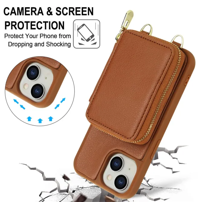 Coque iPhone 15 Portefeuille Zippé avec Bandoulière
