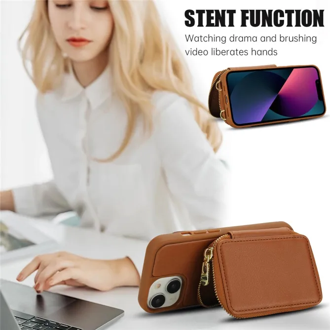 Coque iPhone 15 Portefeuille Zippé avec Bandoulière