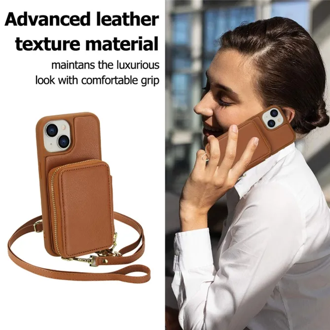 Coque iPhone 15 Portefeuille Zippé avec Bandoulière