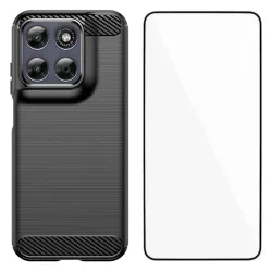 Pack Coque Brossée Fibre de Carbone Motorola Moto G77 G67 Verre Trempé