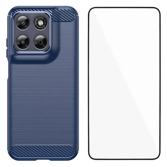 Pack Coque Brossée Fibre de Carbone Motorola Moto G77 G67 Verre Trempé