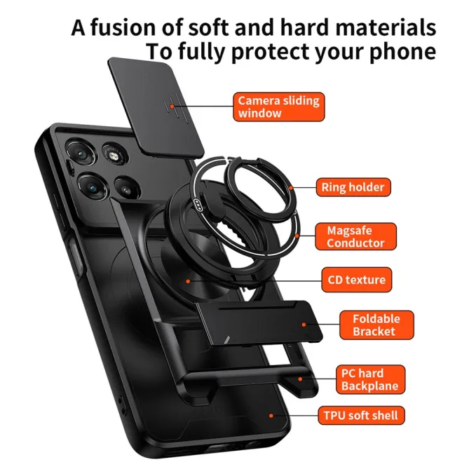 Coque Moto G77 G67 Cache Coulissant Anneau Béquille Pliable