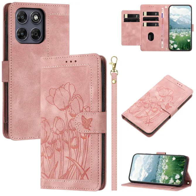 Housse Motorola Moto G77 / G67 Tulipes Gaufrées 5 Emplacements Cartes