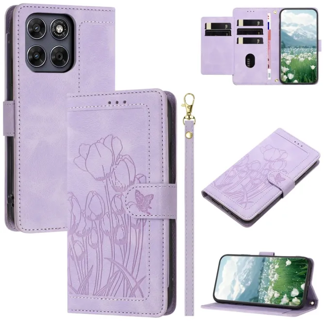 Housse Motorola Moto G77 / G67 Tulipes Gaufrées 5 Emplacements Cartes