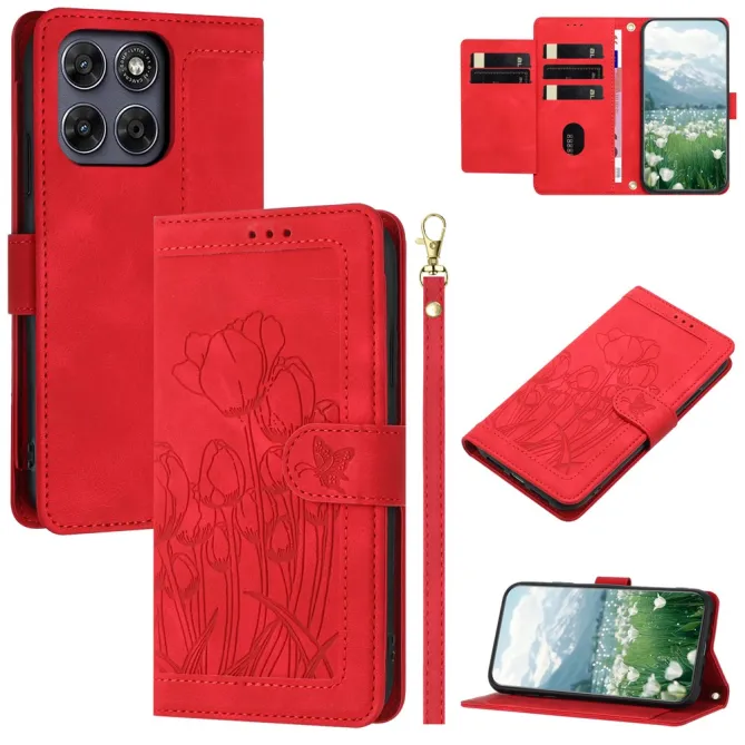 Housse Motorola Moto G77 / G67 Tulipes Gaufrées 5 Emplacements Cartes
