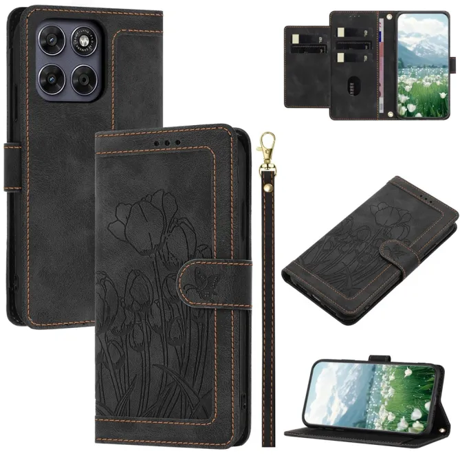 Housse Motorola Moto G77 / G67 Tulipes Gaufrées 5 Emplacements Cartes