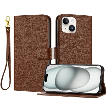 Housse iPhone 15 Simili Cuir Litchi Portefeuille Béquille Dragonne