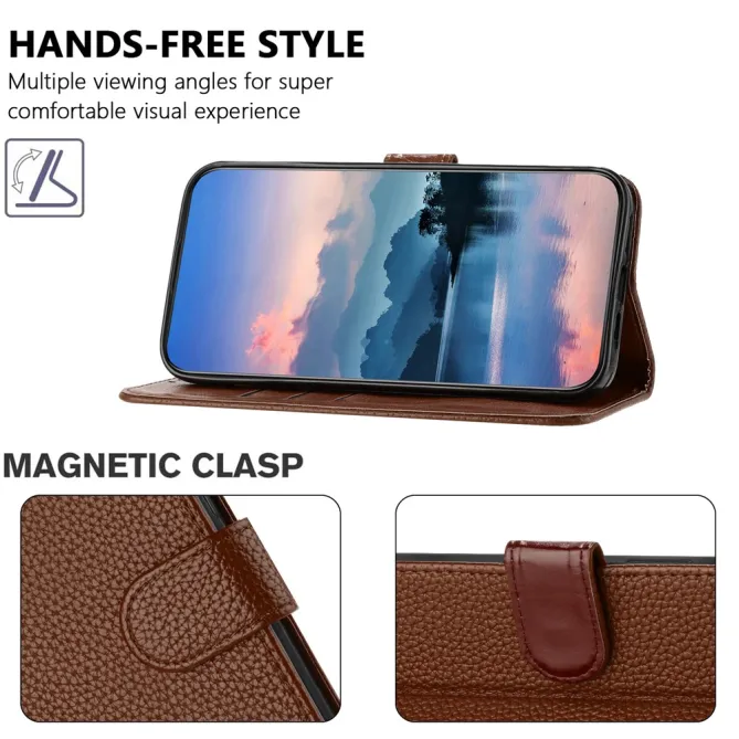 Housse iPhone 15 Simili Cuir Litchi Portefeuille Béquille Dragonne