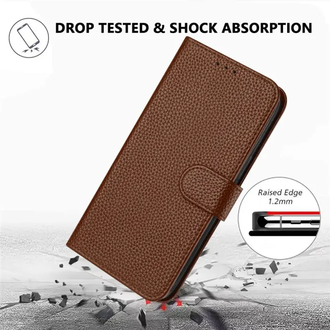 Housse iPhone 15 Simili Cuir Litchi Portefeuille Béquille Dragonne