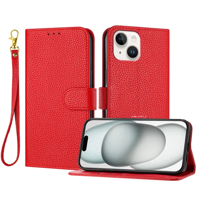 Housse iPhone 15 Simili Cuir Litchi Portefeuille Béquille Dragonne