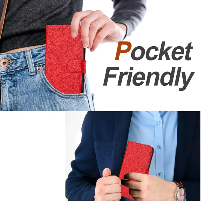 Housse iPhone 15 Simili Cuir Litchi Portefeuille Béquille Dragonne