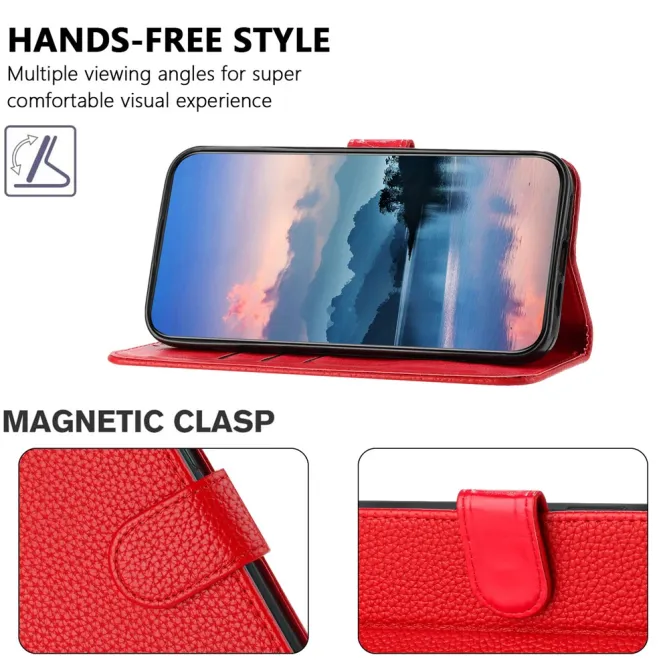 Housse iPhone 15 Simili Cuir Litchi Portefeuille Béquille Dragonne