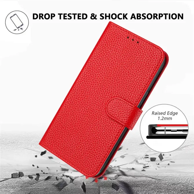 Housse iPhone 15 Simili Cuir Litchi Portefeuille Béquille Dragonne
