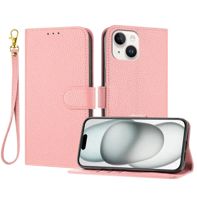 Housse iPhone 15 Simili Cuir Litchi Portefeuille Béquille Dragonne