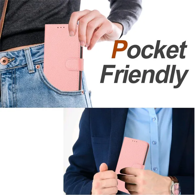 Housse iPhone 15 Simili Cuir Litchi Portefeuille Béquille Dragonne