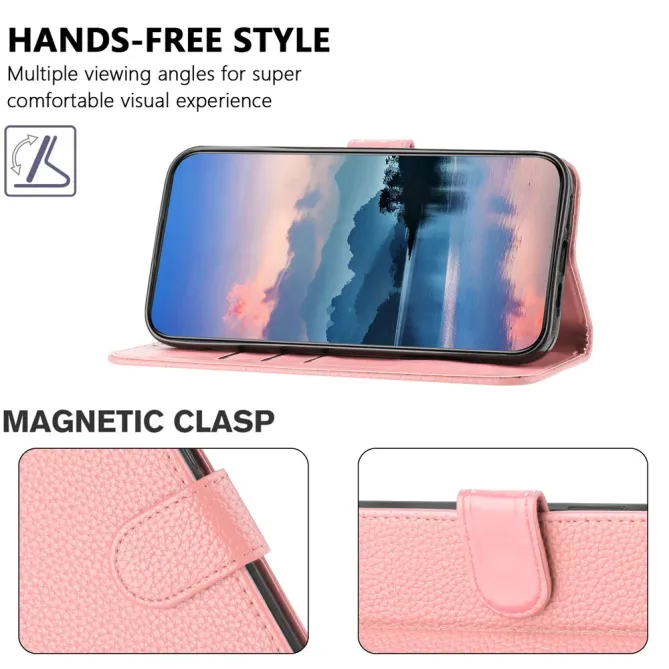Housse iPhone 15 Simili Cuir Litchi Portefeuille Béquille Dragonne