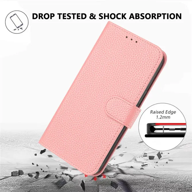 Housse iPhone 15 Simili Cuir Litchi Portefeuille Béquille Dragonne