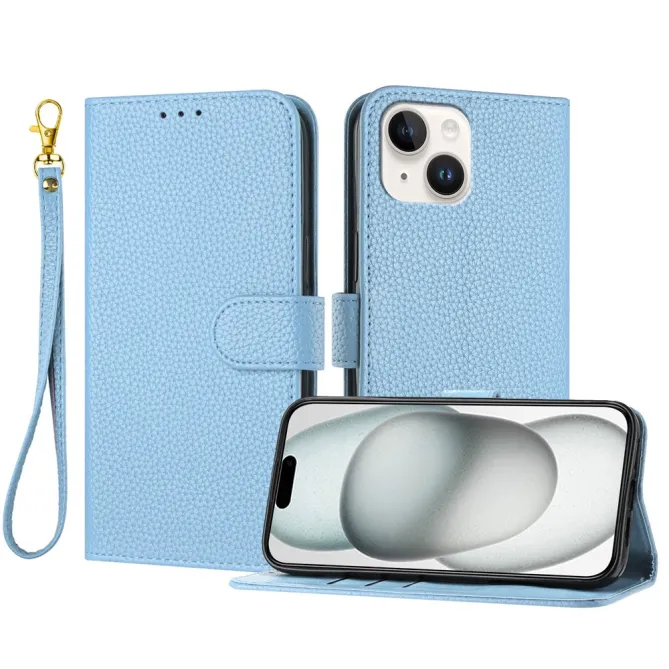Housse iPhone 15 Simili Cuir Litchi Portefeuille Béquille Dragonne