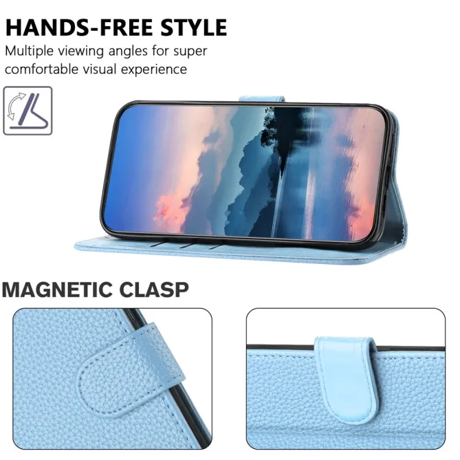 Housse iPhone 15 Simili Cuir Litchi Portefeuille Béquille Dragonne