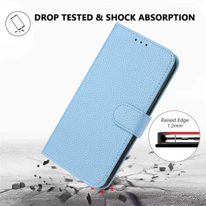 Housse iPhone 15 Simili Cuir Litchi Portefeuille Béquille Dragonne