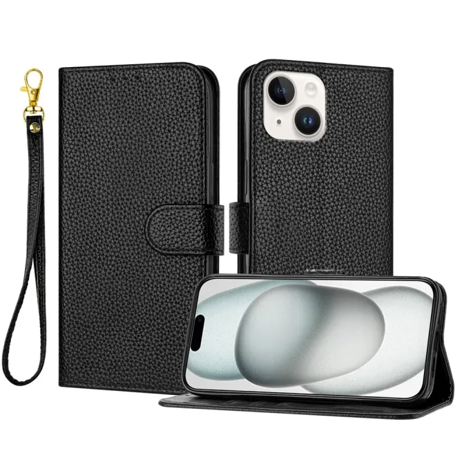 Housse iPhone 15 Simili Cuir Litchi Portefeuille Béquille Dragonne