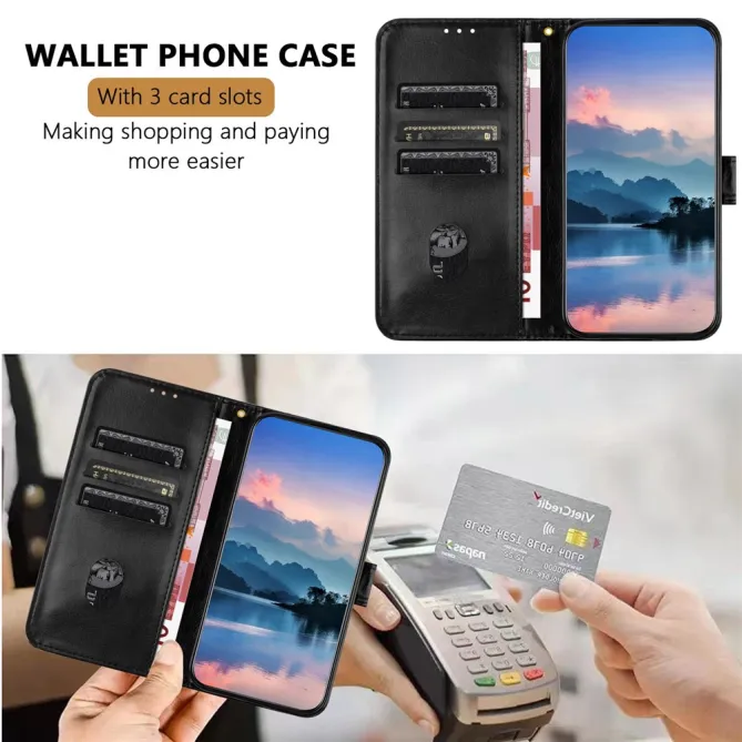 Housse iPhone 15 Simili Cuir Litchi Portefeuille Béquille Dragonne