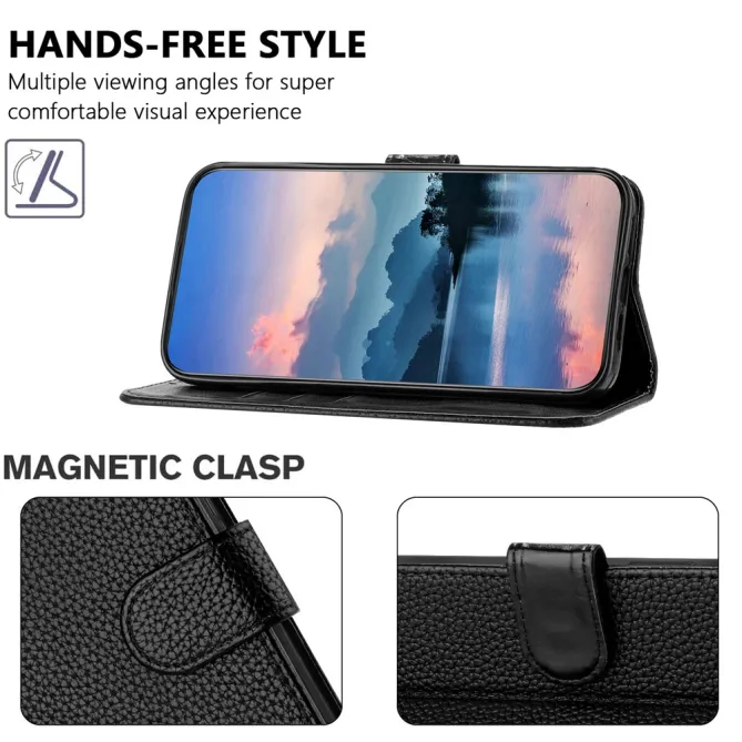 Housse iPhone 15 Simili Cuir Litchi Portefeuille Béquille Dragonne