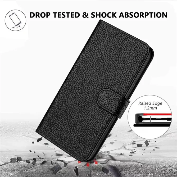 Housse iPhone 15 Simili Cuir Litchi Portefeuille Béquille Dragonne