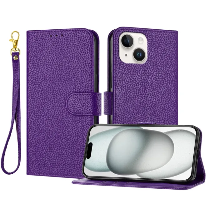 Housse iPhone 15 Simili Cuir Litchi Portefeuille Béquille Dragonne