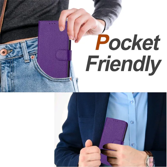 Housse iPhone 15 Simili Cuir Litchi Portefeuille Béquille Dragonne