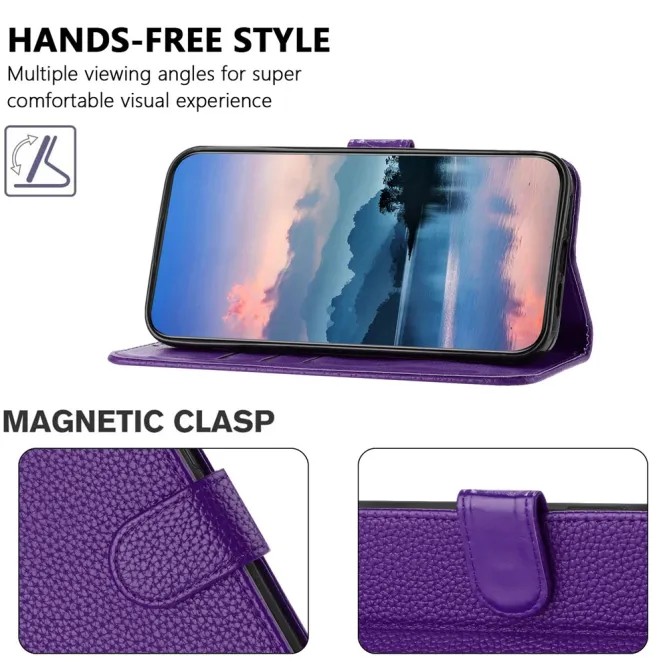 Housse iPhone 15 Simili Cuir Litchi Portefeuille Béquille Dragonne