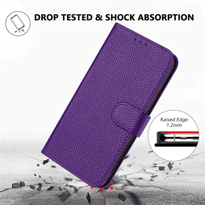 Housse iPhone 15 Simili Cuir Litchi Portefeuille Béquille Dragonne