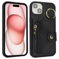Coque iPhone 15 Simili Cuir Litchi Portefeuille Zippé Anneau Béquille