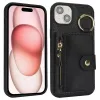 Coque iPhone 15 Simili Cuir Litchi Portefeuille Zippé Anneau Béquille