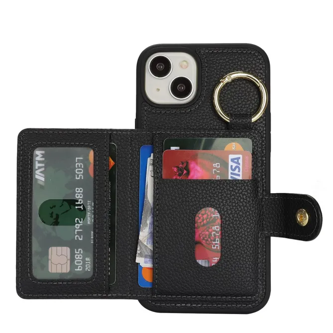 Coque iPhone 15 Simili Cuir Litchi Portefeuille Zippé Anneau Béquille