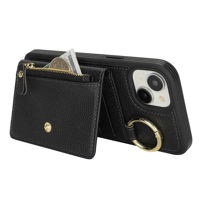Coque iPhone 15 Simili Cuir Litchi Portefeuille Zippé Anneau Béquille