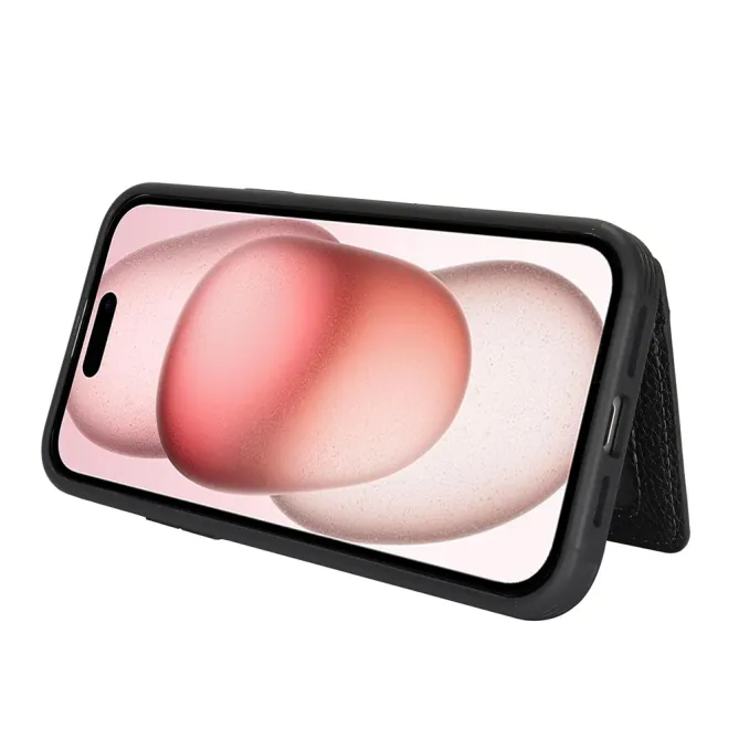 Coque iPhone 15 Simili Cuir Litchi Portefeuille Zippé Anneau Béquille