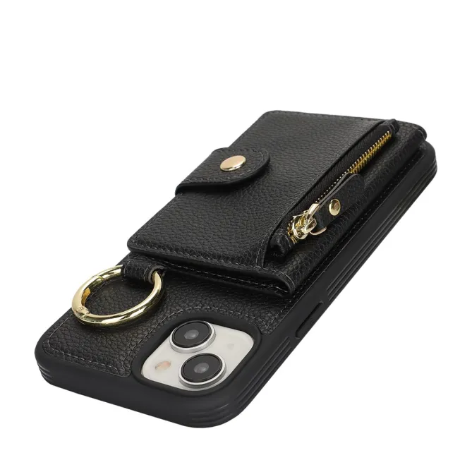Coque iPhone 15 Simili Cuir Litchi Portefeuille Zippé Anneau Béquille