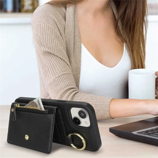 Coque iPhone 15 Simili Cuir Litchi Portefeuille Zippé Anneau Béquille