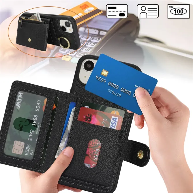 Coque iPhone 15 Simili Cuir Litchi Portefeuille Zippé Anneau Béquille