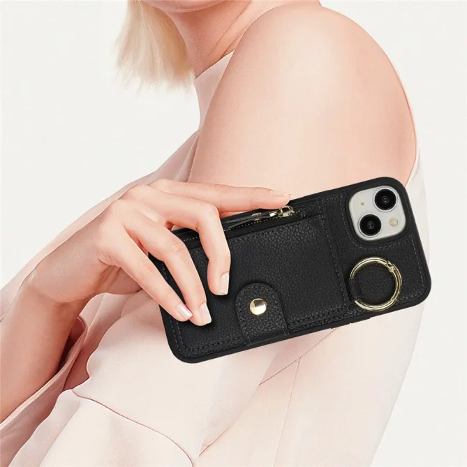 Coque iPhone 15 Simili Cuir Litchi Portefeuille Zippé Anneau Béquille