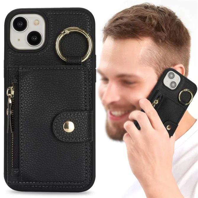 Coque iPhone 15 Simili Cuir Litchi Portefeuille Zippé Anneau Béquille